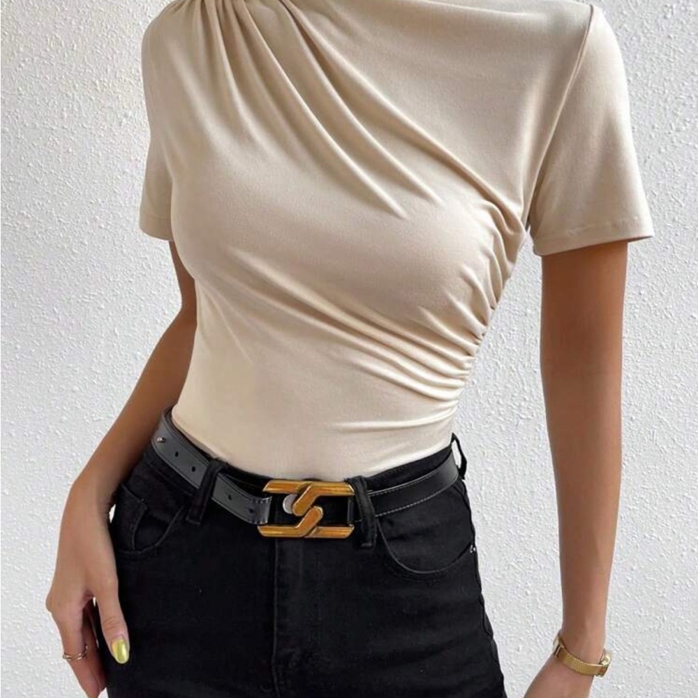 Cream and Black Fitted Asymmetrical Bodysuit with Short Sleeves